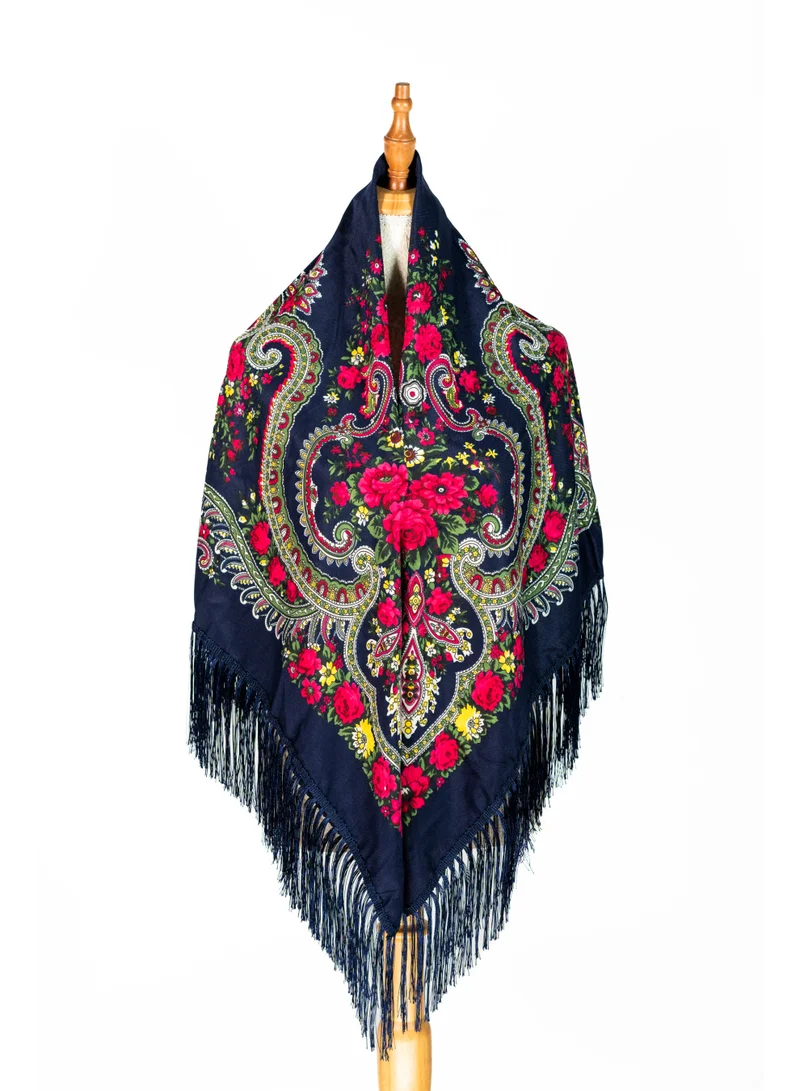 Bidani Heritage Black Floral Shawl – Fringed, Multicolor Bouquet Pattern
